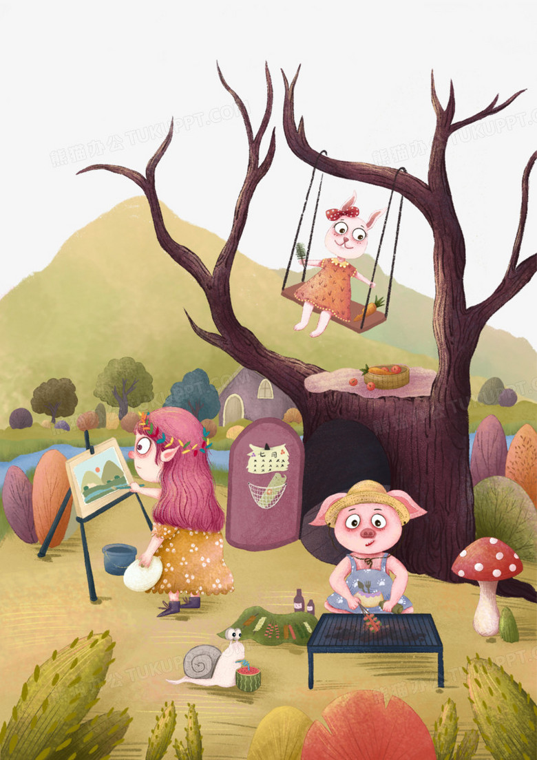 卡通手绘创意户外野餐写生玩耍场景素材