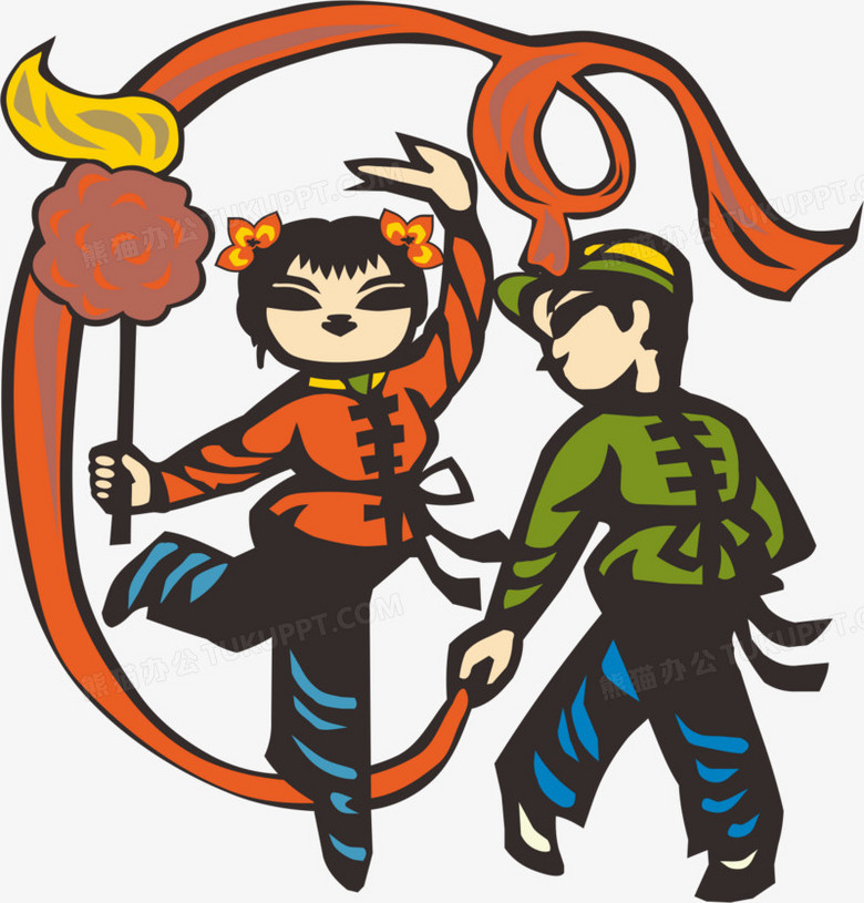 作品以彩色为背景,设计了国画秧歌,整体呈现卡通风.