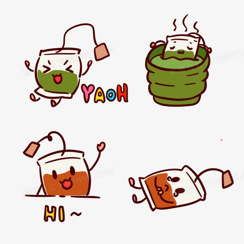 一组卡通手绘可爱茶包颜表情系列图元素