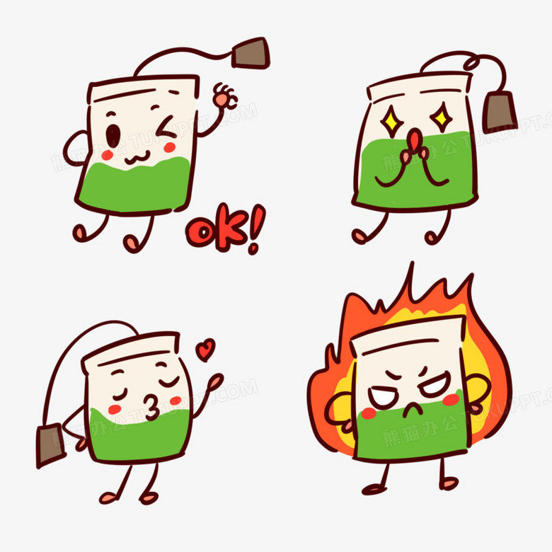 卡通手绘可爱绿茶茶包颜表情元素