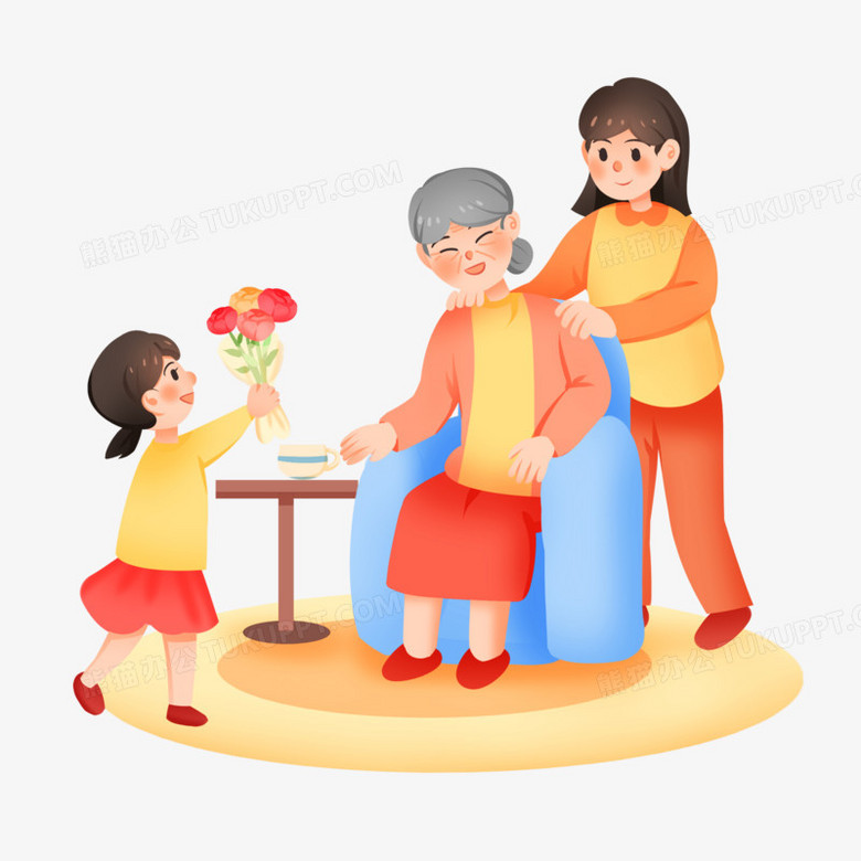 手绘卡通孩子给妈妈送花免抠素材