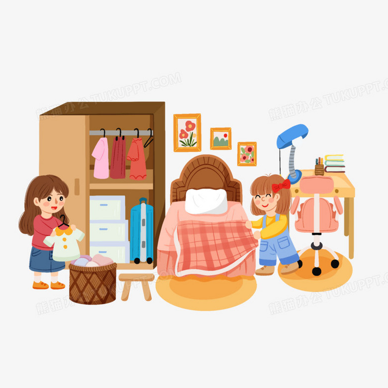 本作品全称为《卡通风彩色姐妹一起整理房间创意元素》,由迷南文化