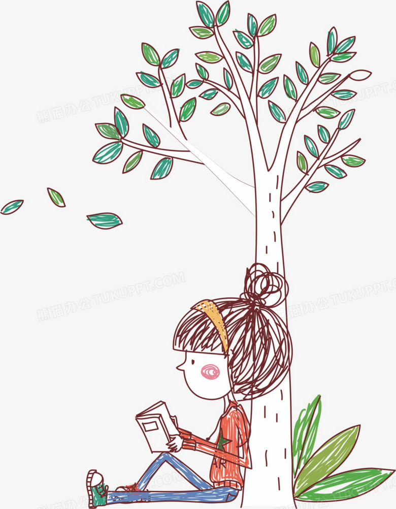 坐在树下读书的女孩