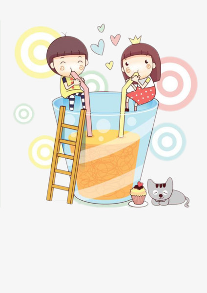 本作品全称为《卡通风彩色喝饮料的男女创意元素》,在整个配色上使用