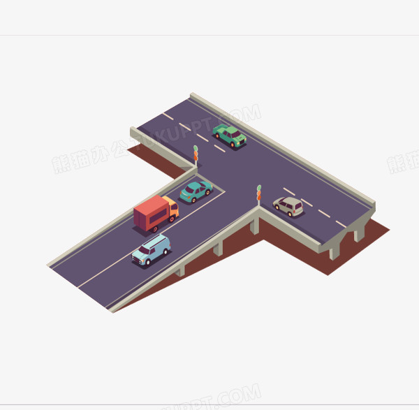 在整个配色上使用多种色彩作为基础色调,设计了彩色的t型路口汽车