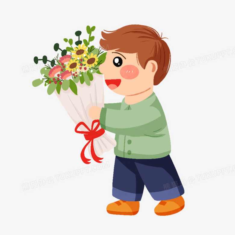 卡通手绘免抠送花的男孩素材