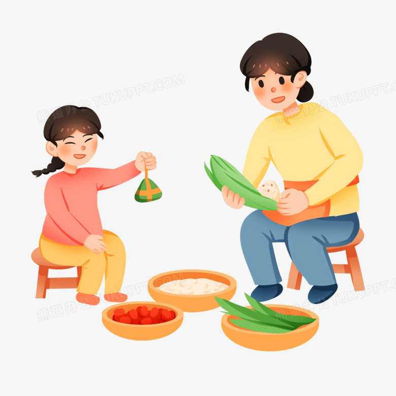 手绘卡通妈妈和女儿一起包粽子免抠素材