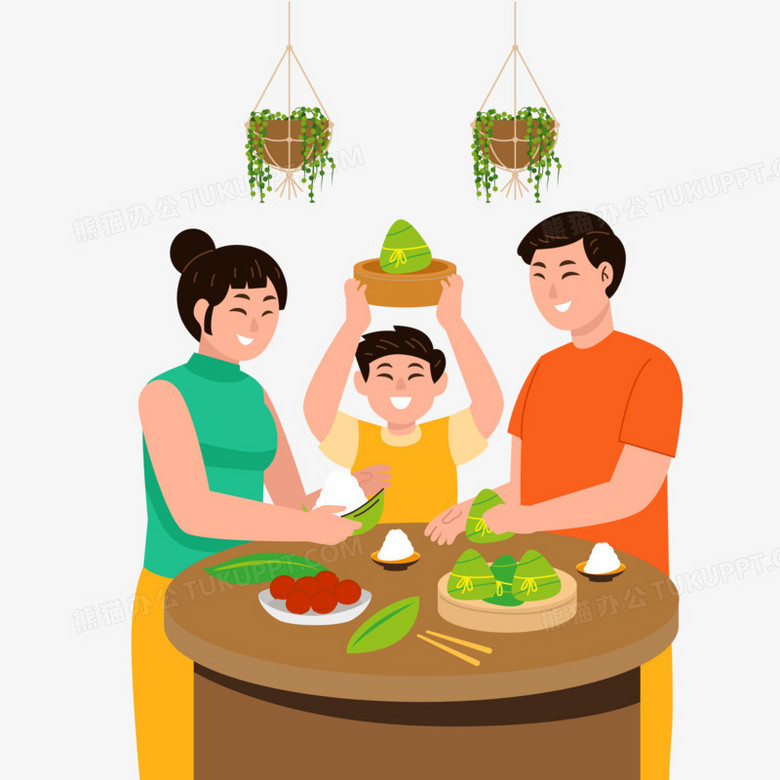 手绘一家人包粽子素材