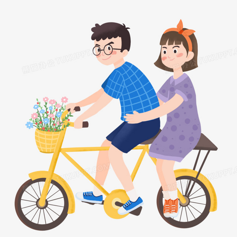 在整个配色上使用多种色彩作为基础色调,设计了情侣骑自行车,卡通效果