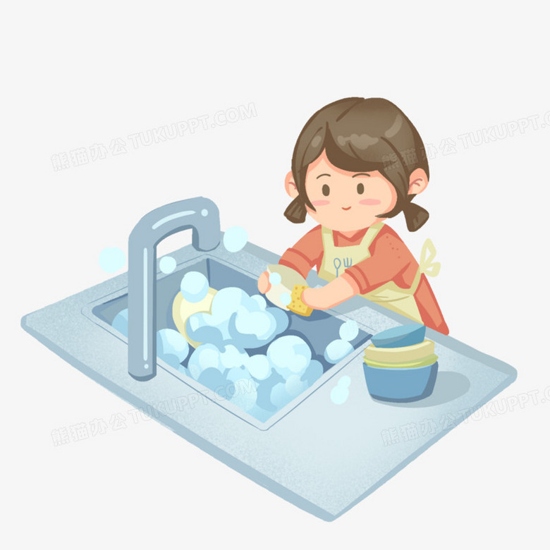 卡通手绘洗碗的小女孩素材