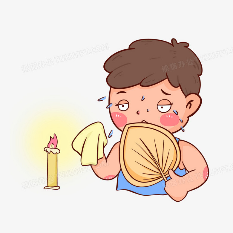 卡通男孩流汗没电扇扇子擦汗素材