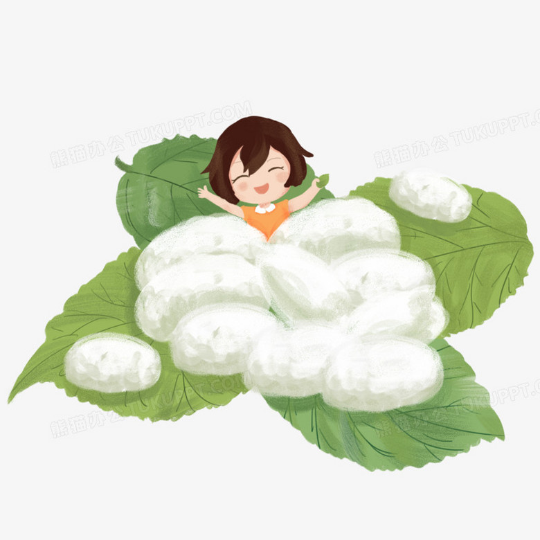 手绘插画风女孩和蚕茧微景观免抠元素
