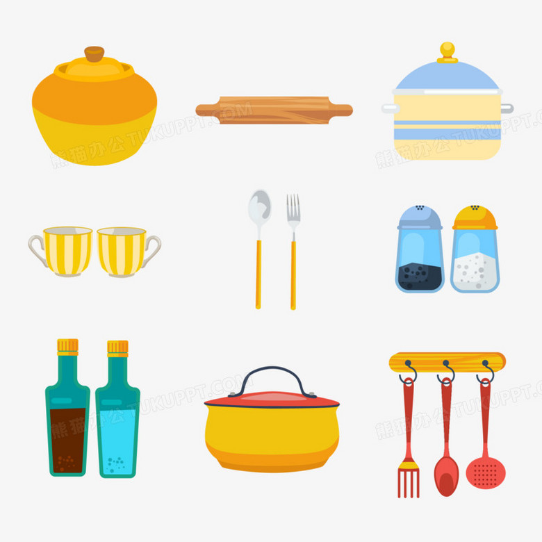 一组手绘厨房用品烹饪器具合集素材