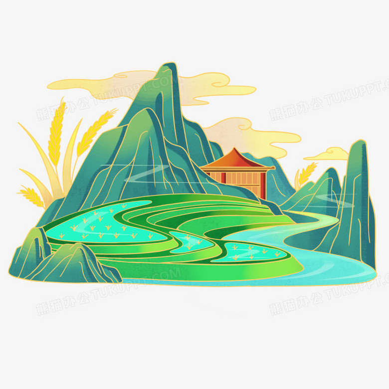 手绘国潮风农田梯田素材