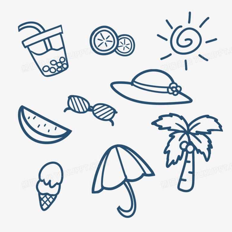 手绘卡通夏天线描元素免抠素材