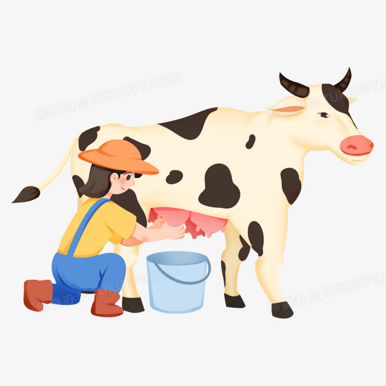 手绘卡通女孩给奶牛挤牛奶免抠素材