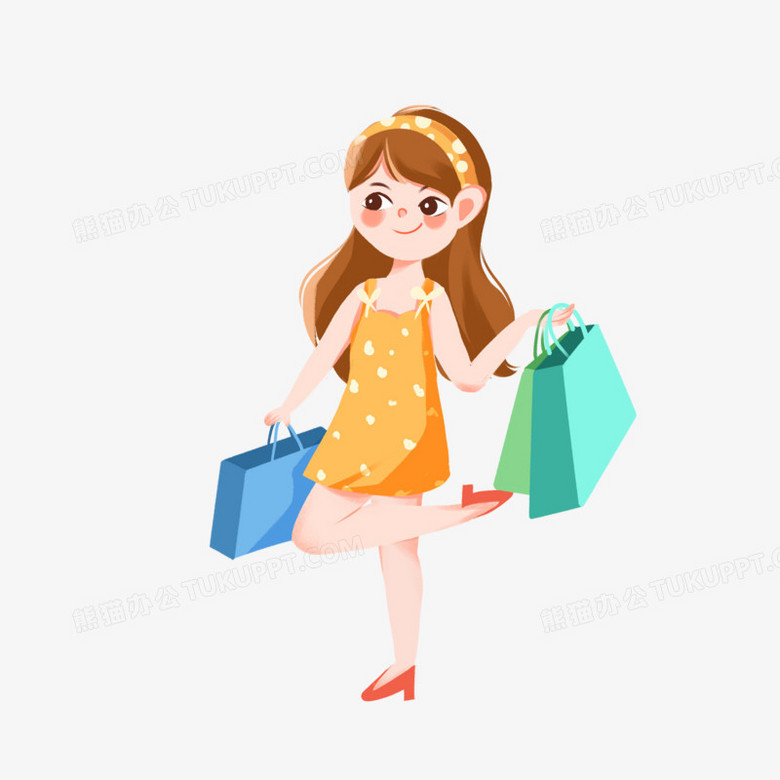 卡通手绘免抠女孩逛街素材