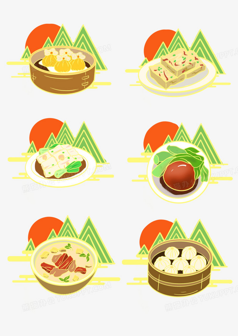 一组国潮风手绘小吃美食合集素材