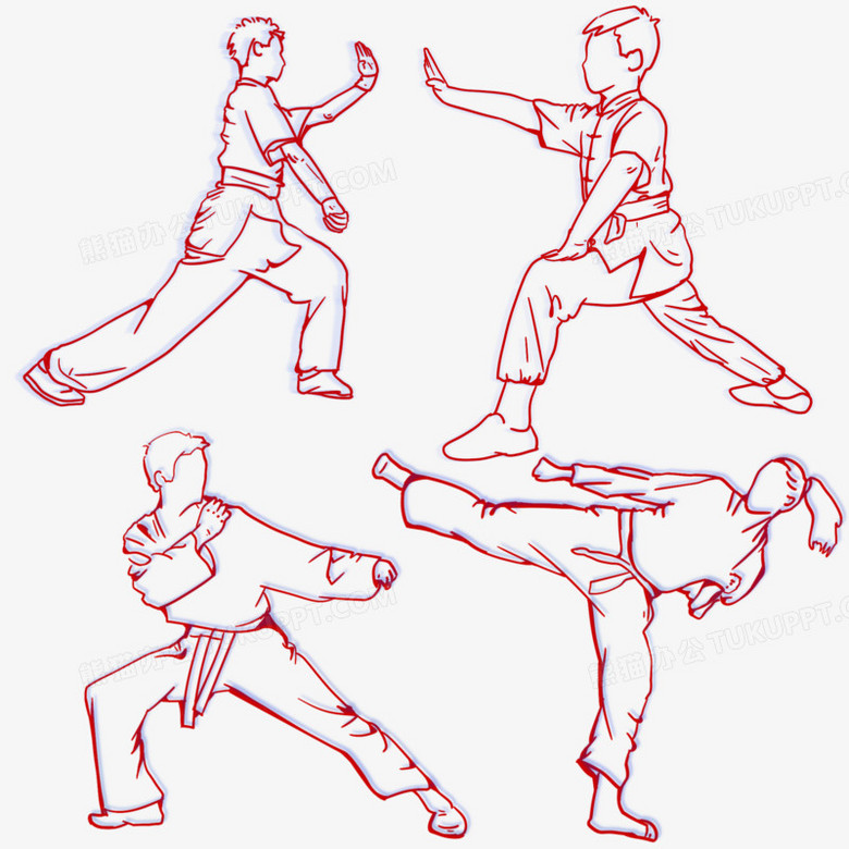 一组手绘线稿武术功夫人物套图元素