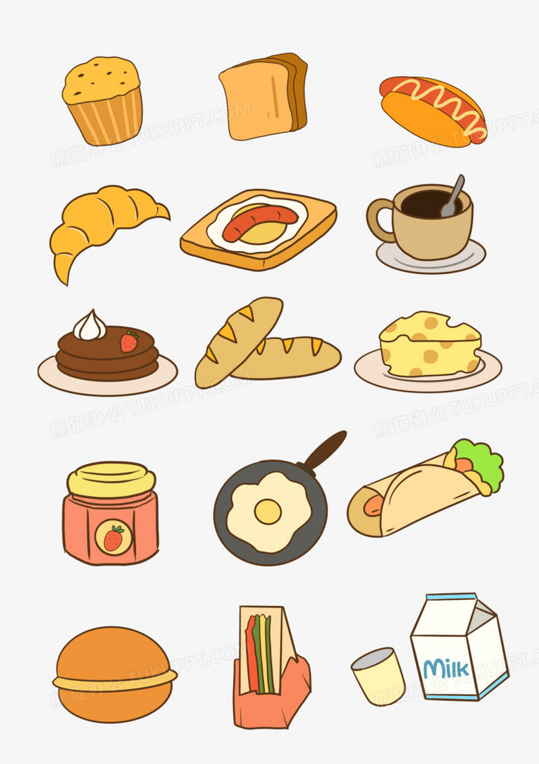 一组卡通简笔画营养早餐合集素材