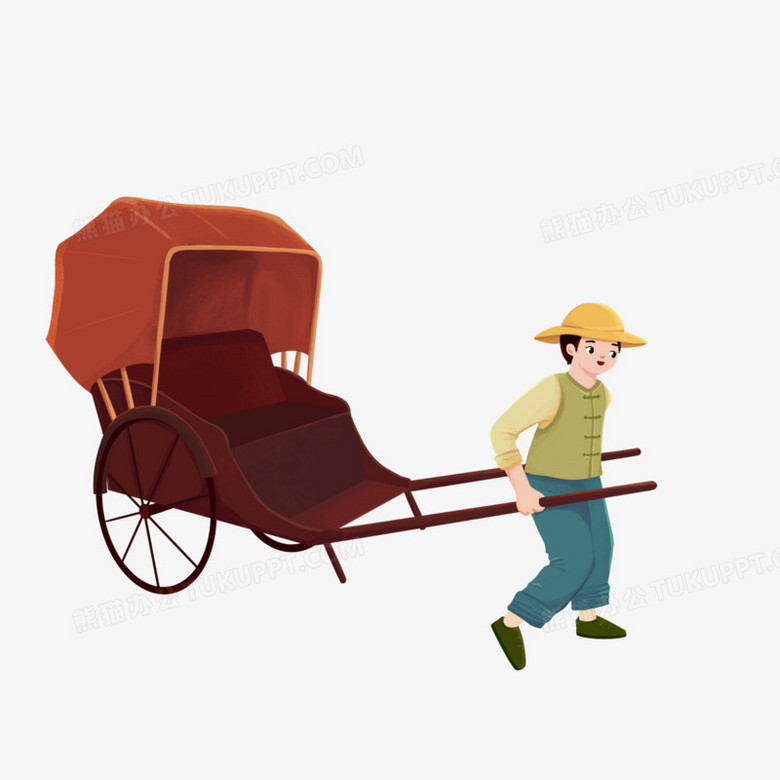 手绘拉黄包车场景素材