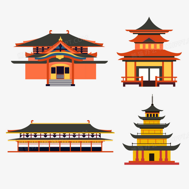 一组卡通矢量日式建筑合集素材