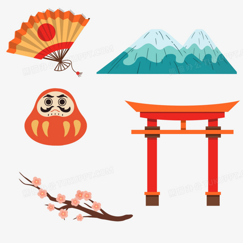 一组卡通扁平风日本代表性小元素