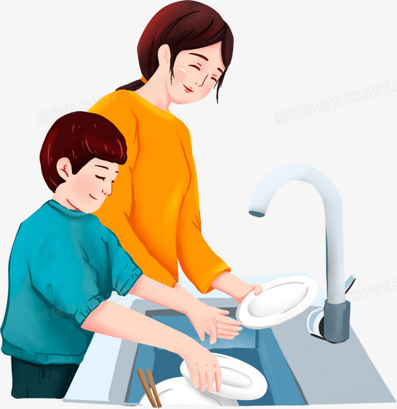 卡通男孩子跟妈妈一起洗碗素材