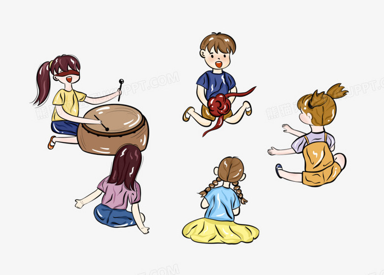 本作品全称为《卡通风彩色儿童击鼓传花游戏互动创意元素》,由迷南