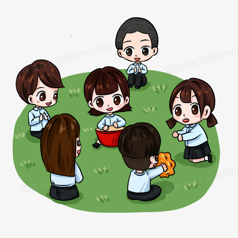 手绘卡通小朋友坐草地击鼓传花元素