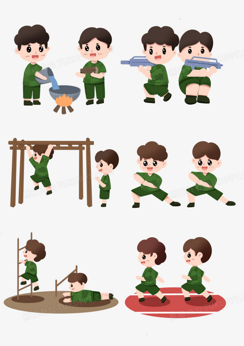 本作品全称为《卡通风彩色学生参加暑期军事夏令营套图创意元素》