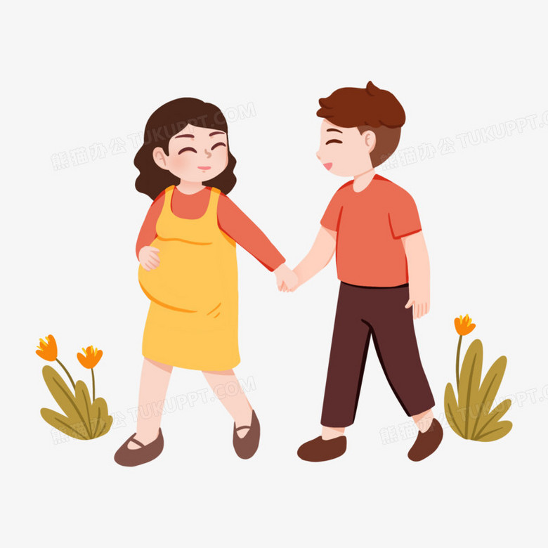 卡通丈夫陪孕妇散步场景素材