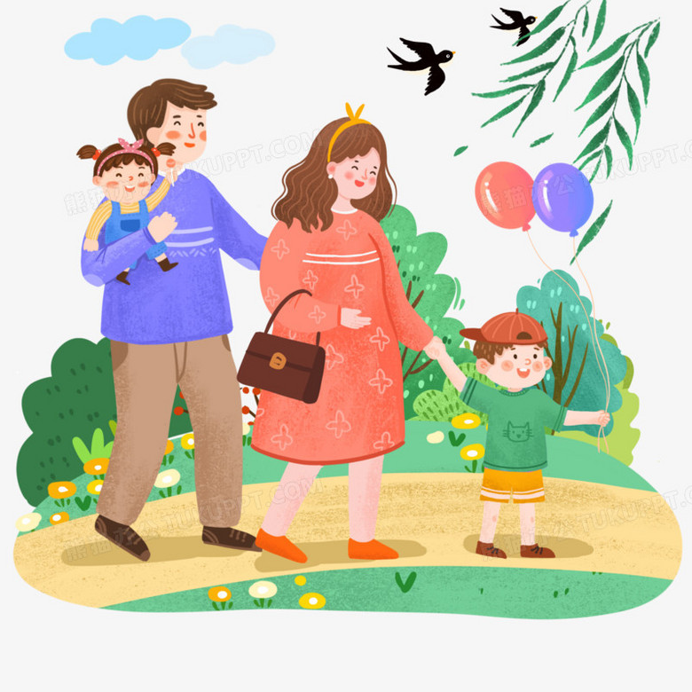手绘卡通幸福外出游玩的三胎家庭插画免抠素材