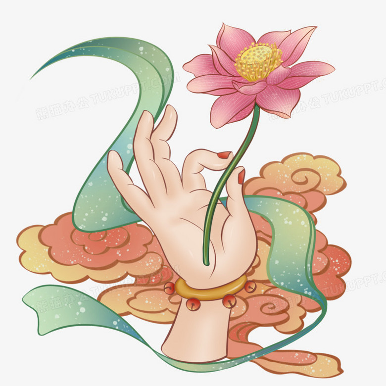 手绘国潮风敦煌佛手莲花祥云素材