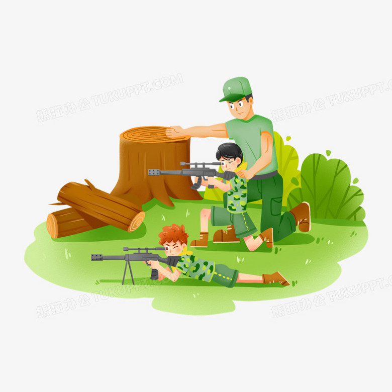 一组手绘卡通中学生军事夏令营场景之射击训练素材