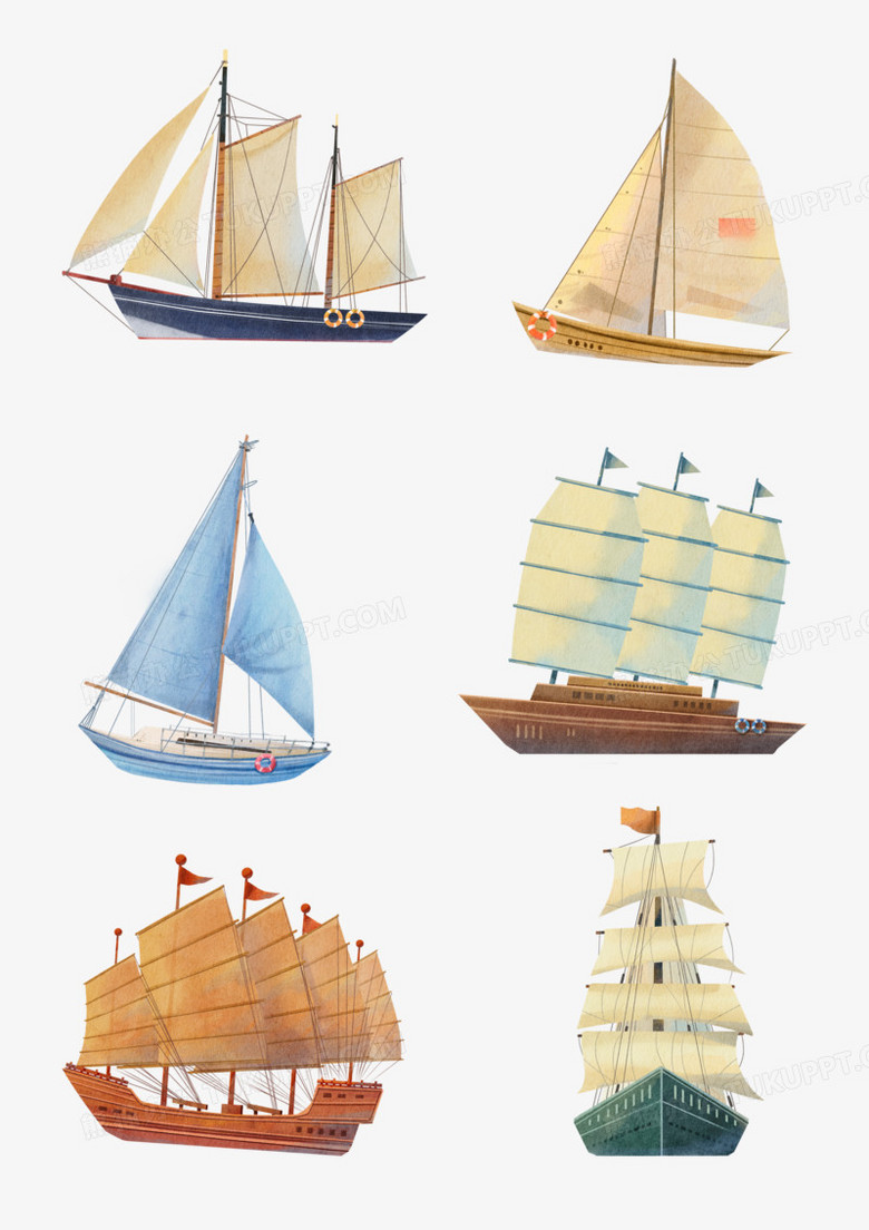 一组水彩帆船船只免抠套图元素png图片素材下载_帆船png_熊猫办公