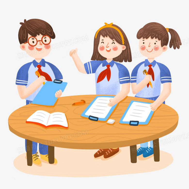 手绘卡通小学生小组讨论场景插画免抠元素PNG图片素材下载_手绘PNG_熊猫办公