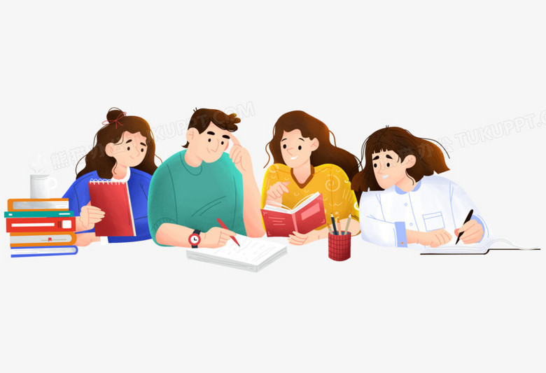 手绘卡通大学生学习讨论小组PNG图片素材下载_手绘PNG_熊猫办公