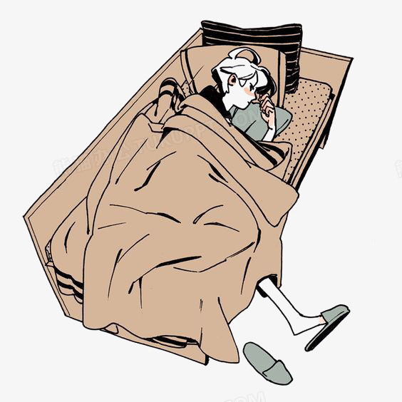 在整个配色上使用多种色彩作为基础色调,设计了在家睡觉的宅女,卡通