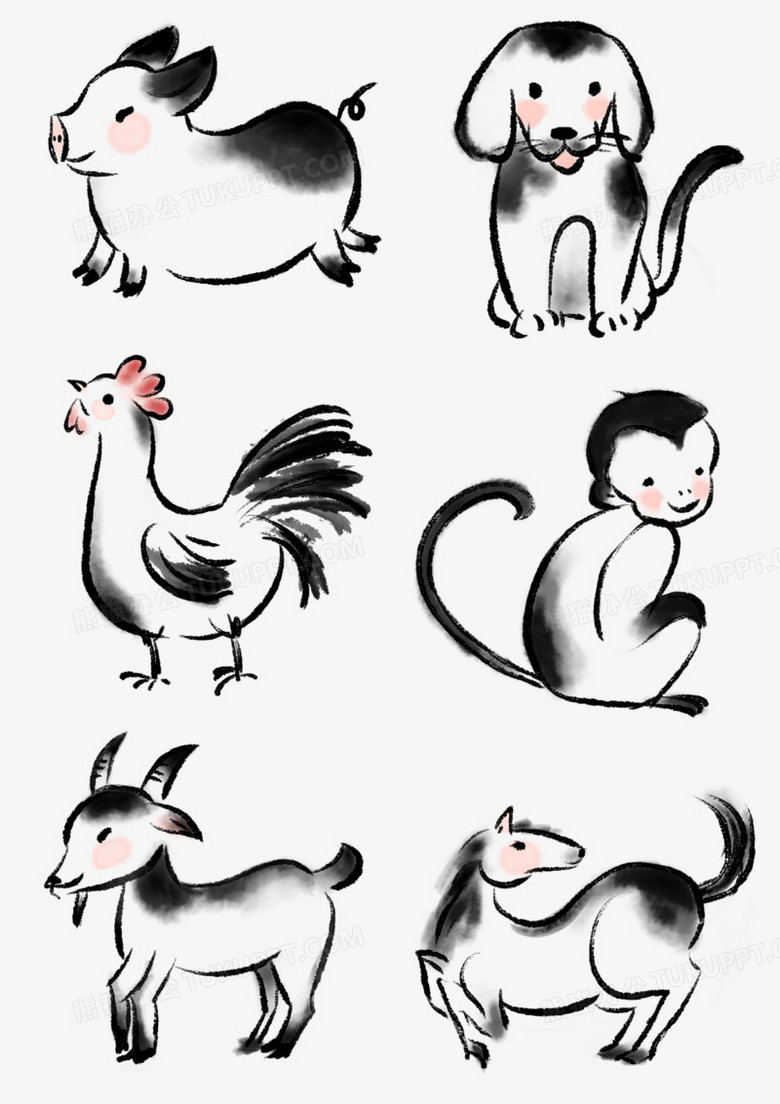 一组卡通水墨风十二生肖合集系列二免抠素材