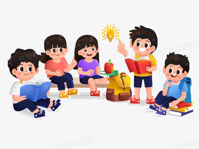 手绘卡通小学生讨论小组场景png图片素材下载 手绘png 熊猫办公