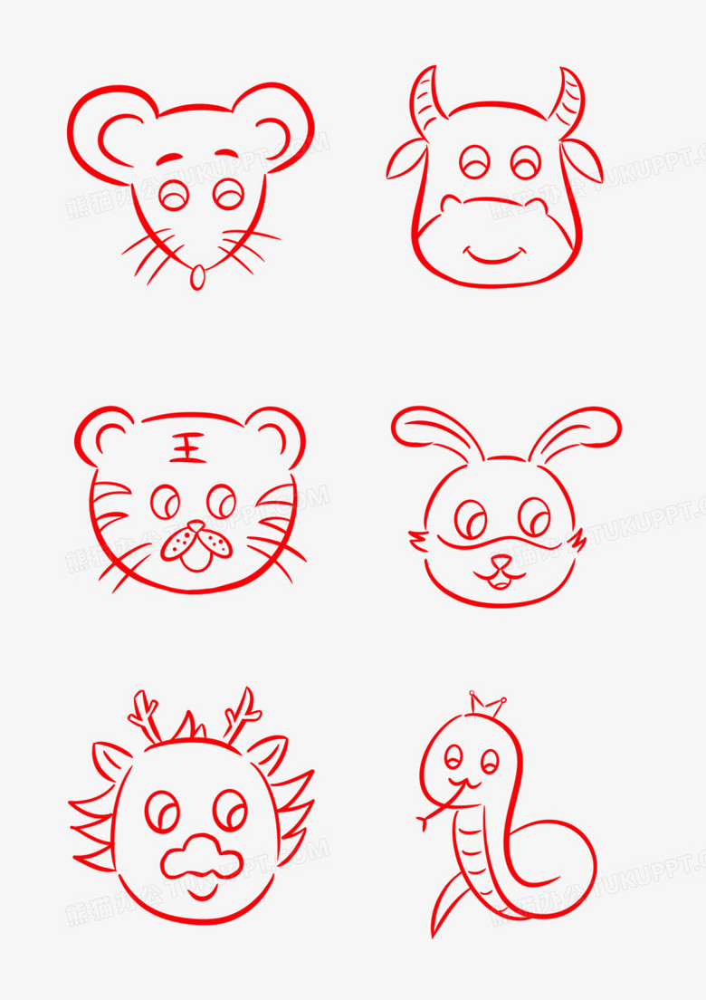 一组十二生肖线稿线描合集素材