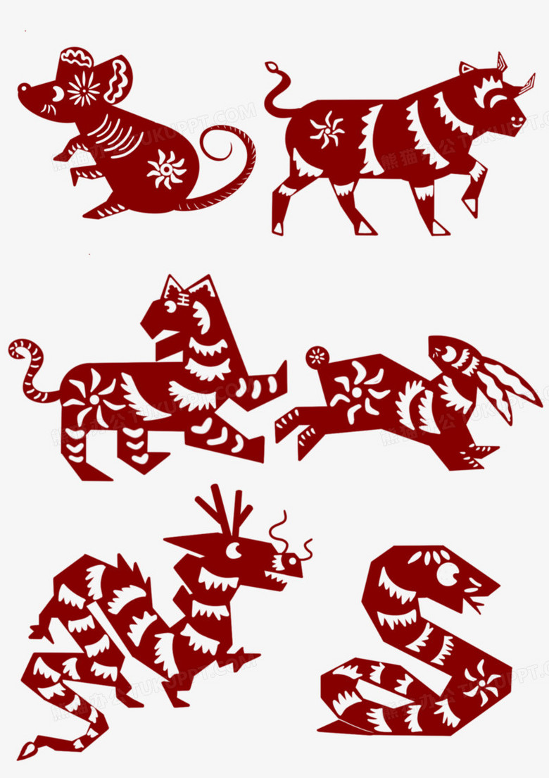 一组创意中国风十二生肖剪纸套图免抠元素