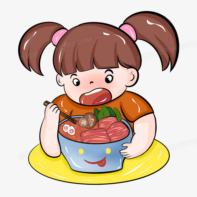 卡通可爱张大嘴吃饭的双马尾女孩素材