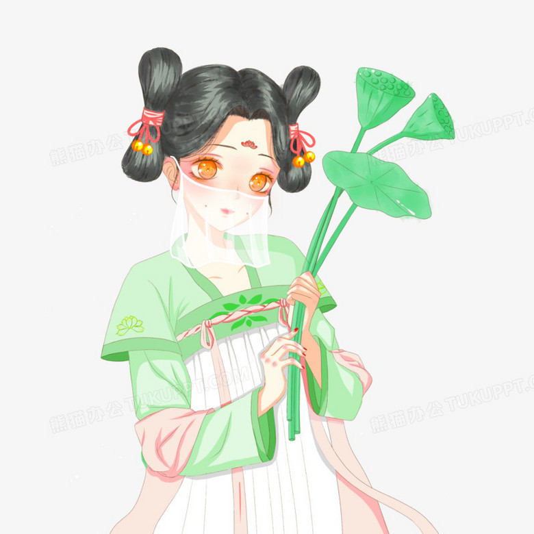 一组手绘四季系列古风人物之戴面纱采莲的少女素材