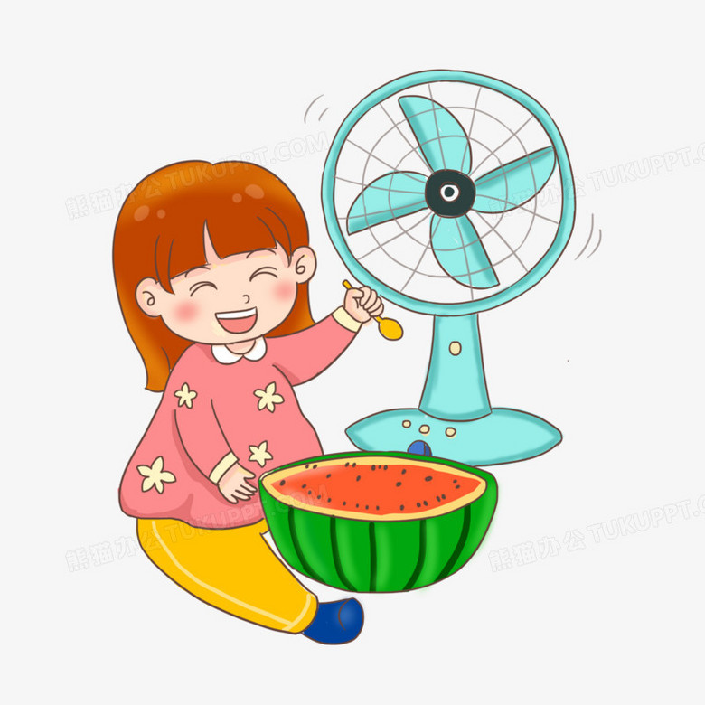 手绘卡通女孩吹电风扇元素PNG图片素材下载_卡通PNG_熊猫办公