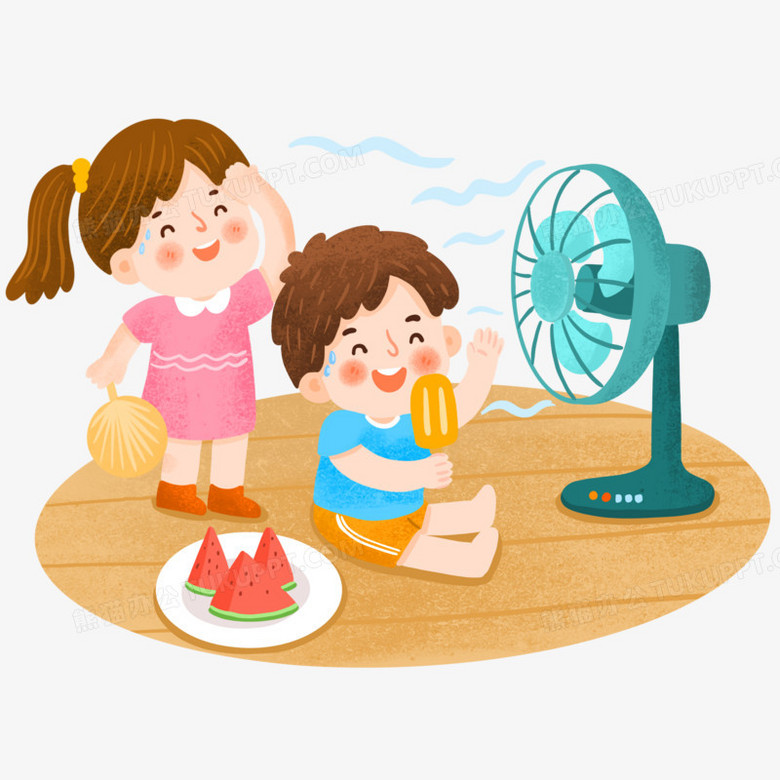 手绘卡通小朋友夏天吹电风扇插画免抠元素PNG图片素材下载_夏天PNG_熊猫办公