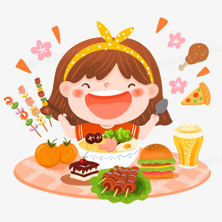 手绘卡通吃货节吃货女孩插画免抠元素