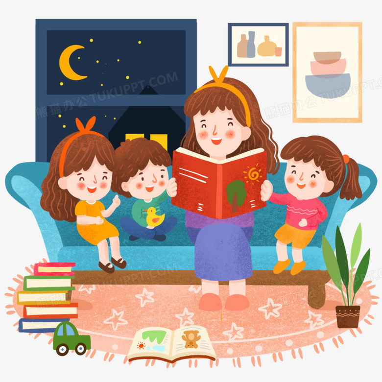 手绘卡通夜晚讲故事场景插画免抠元素