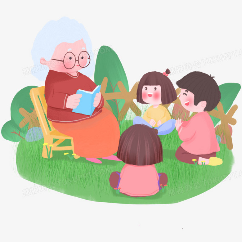 手绘卡通奶奶给孩子们讲故事场景素材